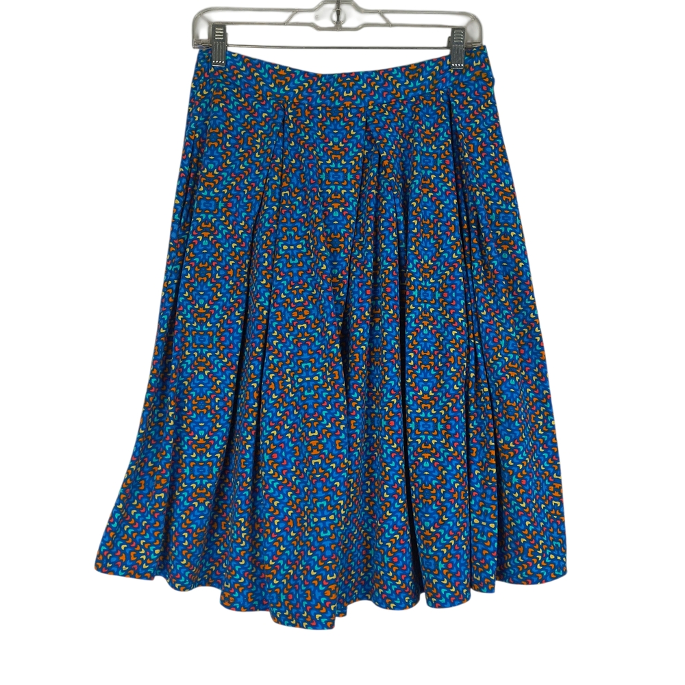 Lularoe Madison Skirt Women's XL Blue Orange Geometric Print Box Pleated Pockets